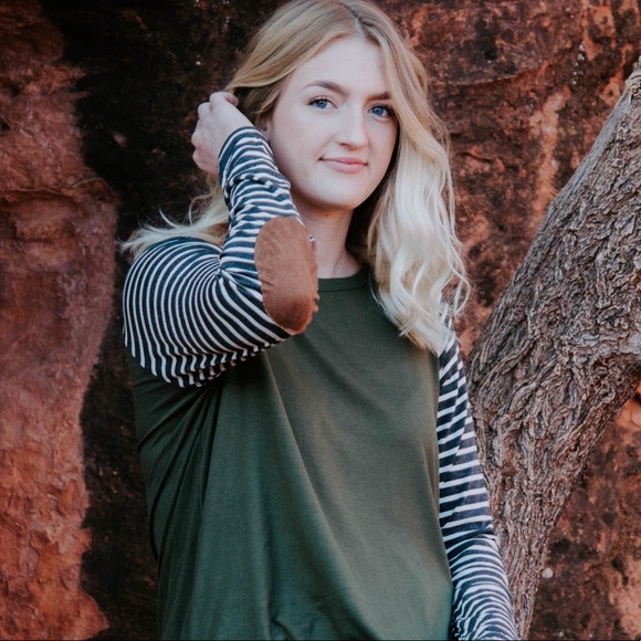 Striped Olive Tee with Elbow Patches - Picture 1 of 4